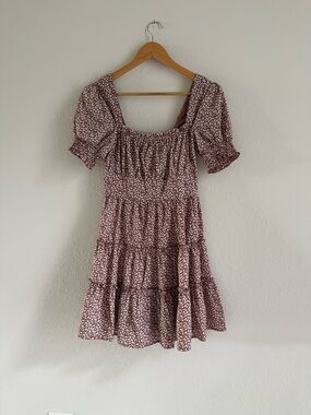 Altar'd State Dusty Rose Floral Tiered Puff-Sleeve Mini Dress
